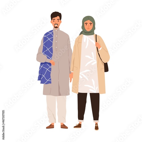 Muslim couple of modern Arab man and woman in casual outfits with hijab. Happy Saudi Arabian people portrait wearing stylish fashion clothes. Flat vector illustration isolated on white background