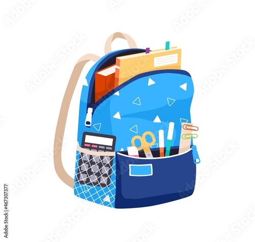Schoolbag with school stationery and books in pockets. Schoolkids packed bag full of supplies. Open backpack with pens and copybooks. Flat vector illustration of knapsack isolated on white background