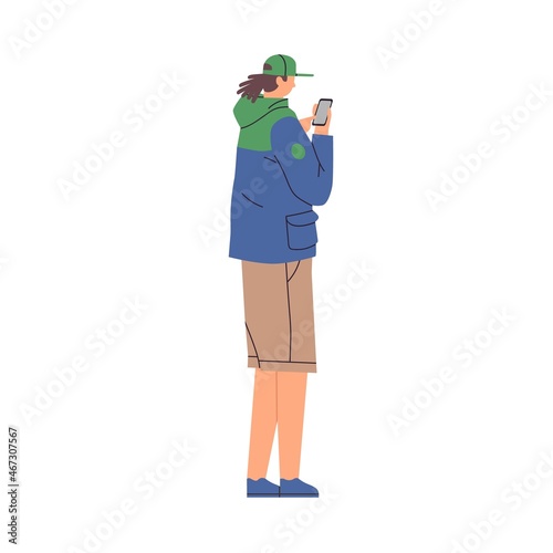 Man with mobile phone in hands, texting in social media, surfing internet. Person standing and holding smartphone. Guy use cellphone outdoors. Flat vector illustration isolated on white background