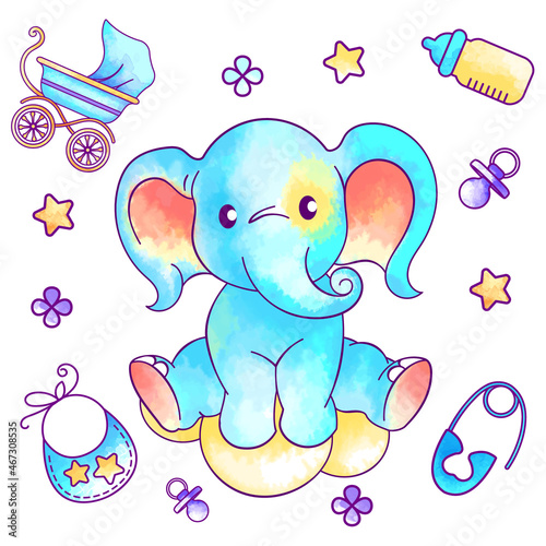 Pastel watercolor toy elephant and baby boy set of supplies for print or web. Giraffe with balloon, carriage, nipple, bib. Cartoon style. Isolated hand drawn colorful illustration on white background.