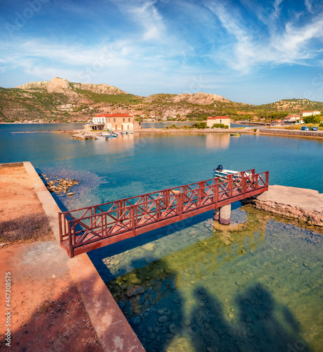 Attractive summer view of Plitra port. Bright morning seascape of Mediterranean sea. Nice outdoor scene of Peloponnese peninsula, Greece. Traveling concept background. photo