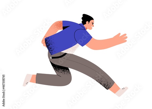 Person running at fast speed, hurrying and rushing in life race. Concept of aspirations and challenges. Man moving forward with all might. Colored flat vector illustration isolated on white background