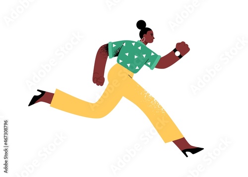 Business person hurry and running at high speed to succeed in life race. Rush and fast lifestyle concept. Strong woman with career aspirations. Flat vector illustration isolated on white background