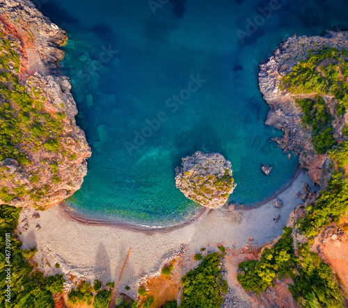 Straight down morning view of Foneas beach. Captivating summer scene of Peloponnese peninsula, Greece, Europe. Impressive seascape of Ionian sea. Beauty of nature concept background.
