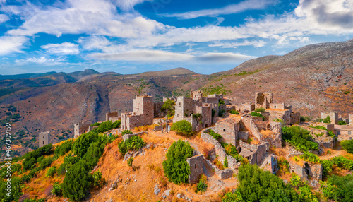 Ruins of ancient village fortress of Mani Peninsula - Vathia. Spectacular summer scene of Peloponnese peninsula, Greece, Europe. Traveling concept background.