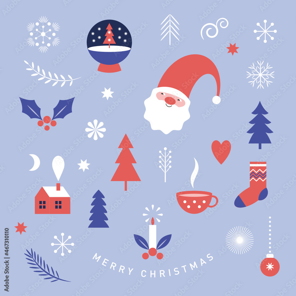Set of Christmas illustrations, design elements. Vector collection of xmas elements