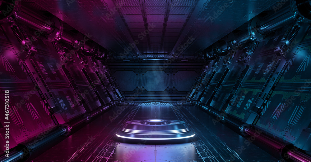 Blue and pink spaceship interior with projector. Futuristic corridor in space station with glowing neon lights background. 3d rendering - obrazy, fototapety, plakaty 