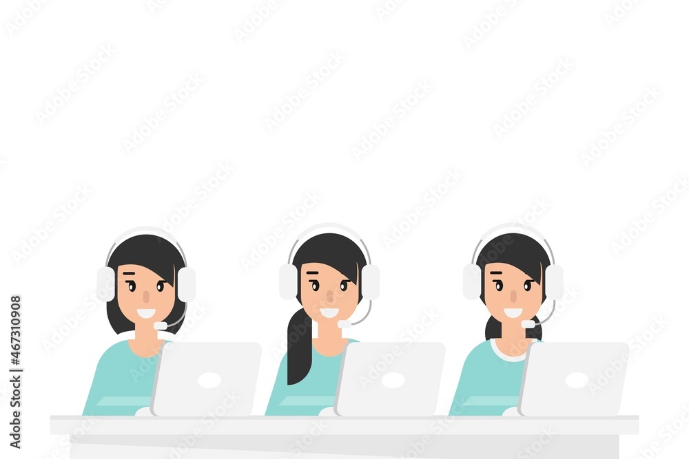 Call center backdrop. 3 operators at table with computers, headphones and microphones. Call center backdrop. 3 operators at table with computers, headphones and microphones.