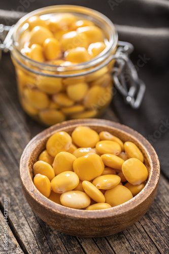 Pickled yellow Lupin Beans in bowl