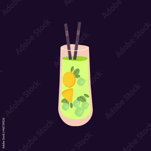 Green alcohol cocktail in glass. Cold highball drink with ice cubes, lemon fruit slices and gin. Tropical Hawaiian beverage with mint and straws for party. Isolated colored flat vector illustration