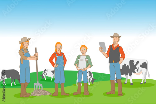 牧場で微笑む白人酪農家の家族