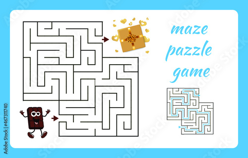 Puzzle for children. Children's maze with funny cartoon chocolate and golden gift box. Vector maze.