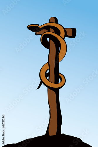 The serpent on the pole. Vector drawing