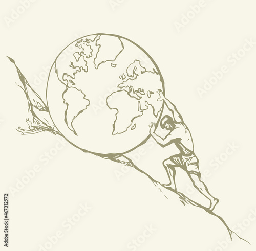 Bild auf Leinwand A man rolls a earth up the hill. Vector drawing