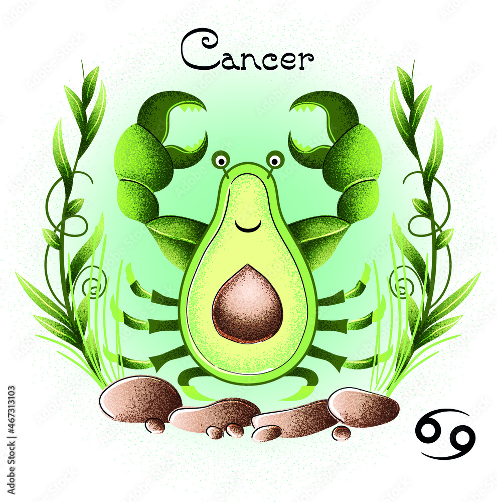 Astrological sign of the zodiac Cancer. Vector funny avocado character