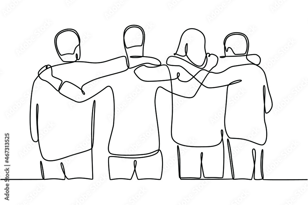 Continuous line drawing a group of men standing together showing their