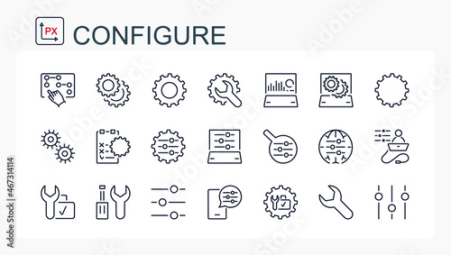 A set of vector illustrations, signs from a thin line. Setup, maintenance and adjustment. Editable.