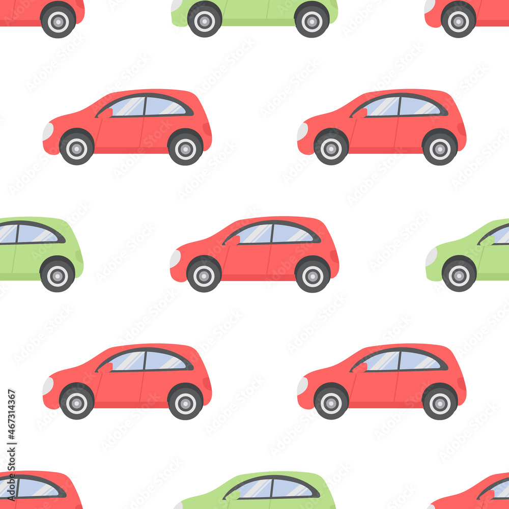 A pattern of red and green cars for use as a print of clothes for a child