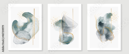 Abstract organic art background vector. Hand painted Fluid, curving forms and muted mid-century colors with watercolor stain texture and golden line art. Good for invitation, poster, prints, wall art © TWINS DESIGN STUDIO