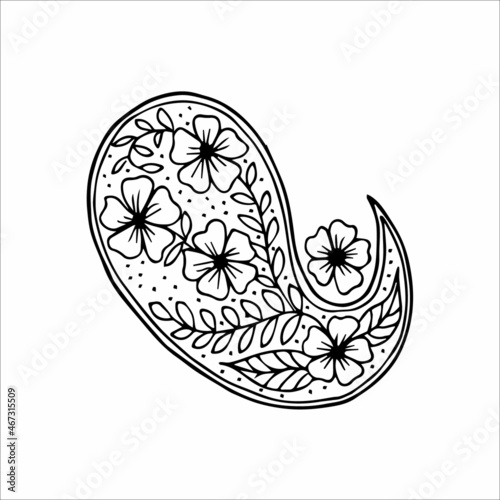 Paisley single doodle element, simple hand drawing, black and white vector image