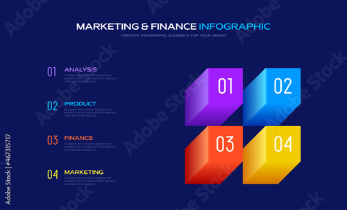 4 Steps Infographic banner. Colorful shapes on dark background. 