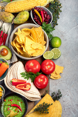 Mexican dishes and snacks assortment on light gray background.