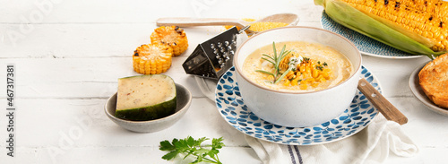 Fototapeta Corn soup on white background.