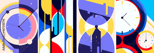Collection of posters with clocks. Placard designs in abstract style.