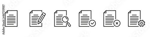 Paper Document Line Icons Set. File and Paper Pages Collection. Black Business Documents Symbol with Pencil, Gear, Magnifier Outline Icons. Editable Stroke. Isolated Vector Illustration