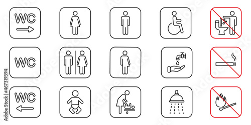 Toilet Room Line Icon. Set of WC Sign. Mother and Baby Room Outline Pictogram. Public Washroom for Disabled, Male, Female, Transgender. No smoking Sign. Editable Stroke. Vector Illustration