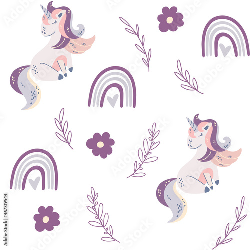 Unicorns and rainbows seamless pattern. Perfect for kids wallpaper for fabric, textile, clothes, paper, scrapbooking, planner, sticker, nursery. Hand Draw Vector illustration.