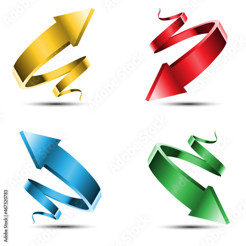Arrow spiral metallic red gold blue green set collection on white background vector