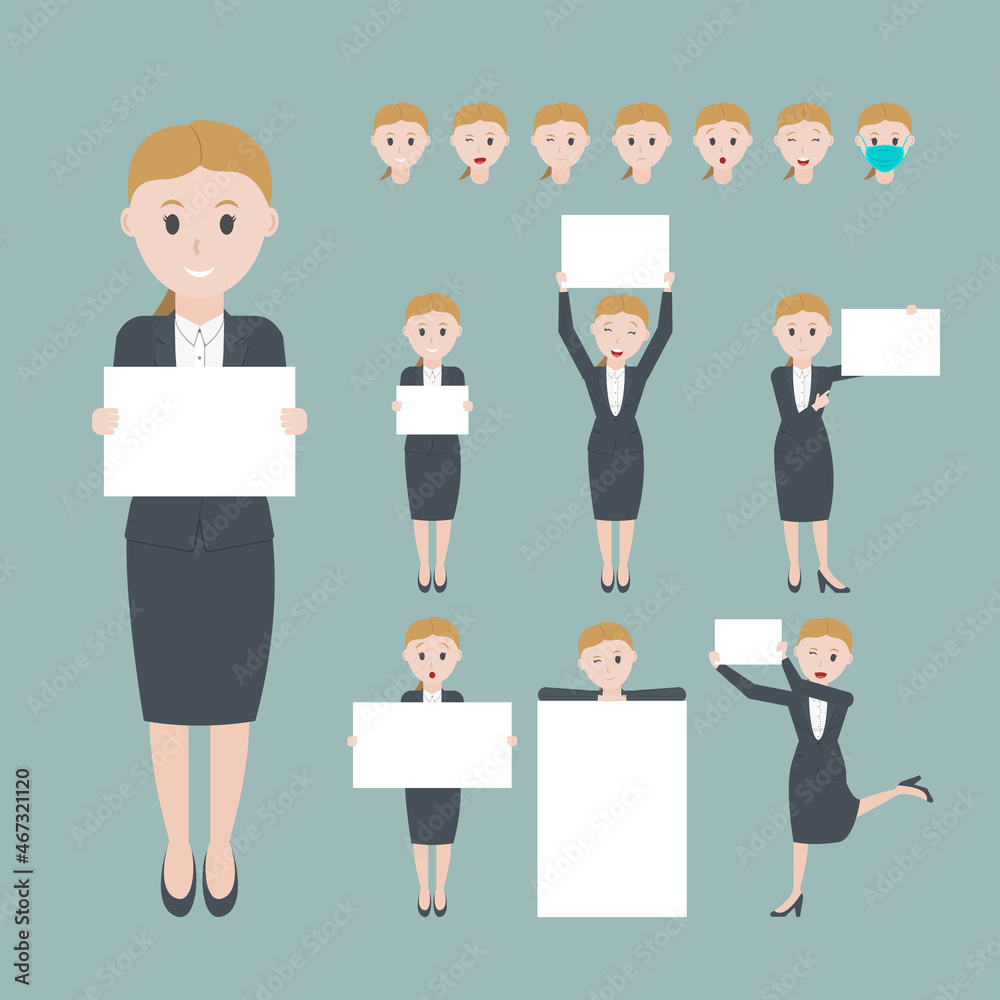 Set Business woman holding blank board with different pose and facial expressions. flat design Illustrations. Set Business woman holding blank board with different pose and facial expressions. flat design Illustrations.