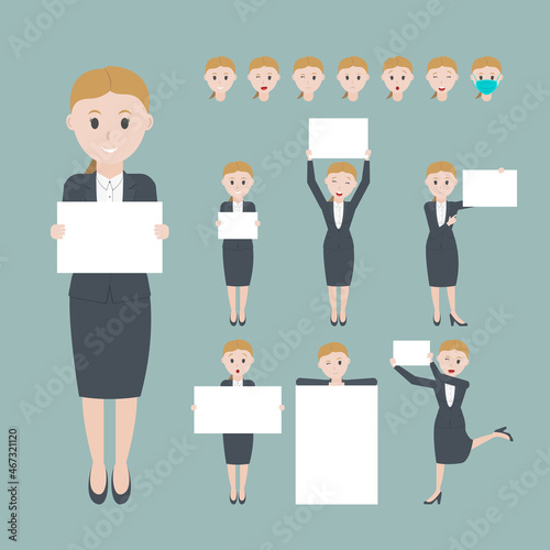 Set Business woman holding blank board with different pose and facial expressions. flat design Illustrations.