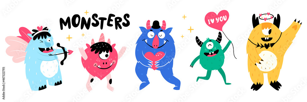 Cute monsters on a white background. Vector illustration. 