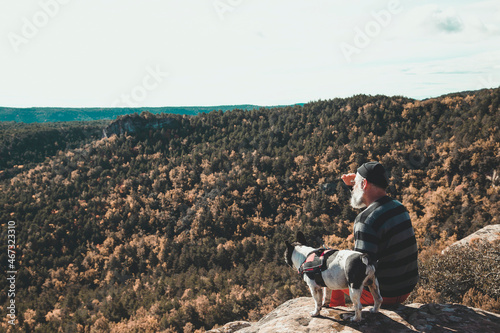 Man Sitting With Dog On Cliff Against Mountain Range © jcalvera