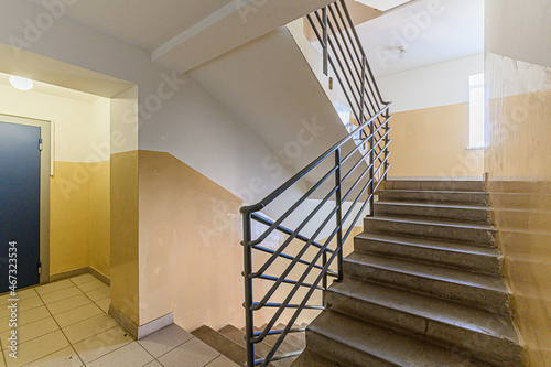 Russia, Moscow- May 03, 2020: interior public place, house entrance. doors, walls, staircase corridors
