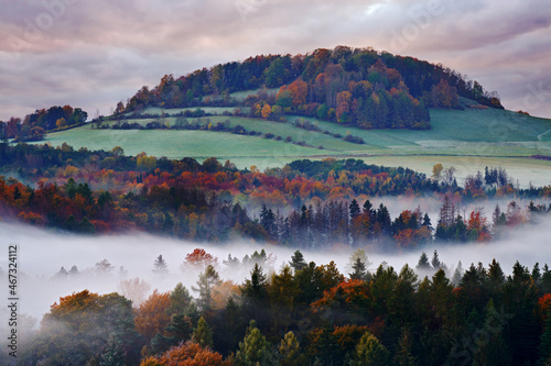 Czech typical autumn landscape. Hills and forest with foggy morning. Vetrny vrch hill  morning valley of Bohemian Switzerland park  Ceske Svycarsko  wild Europe. Fog in landscape  fall orange trees.