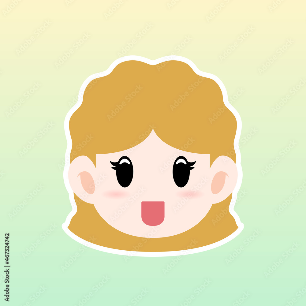 Cartoon illustration of a girl face with blonde long hair in a flat style , this cute image is suitable for your colorful and flat project design elements, can also be used for sticker and icon