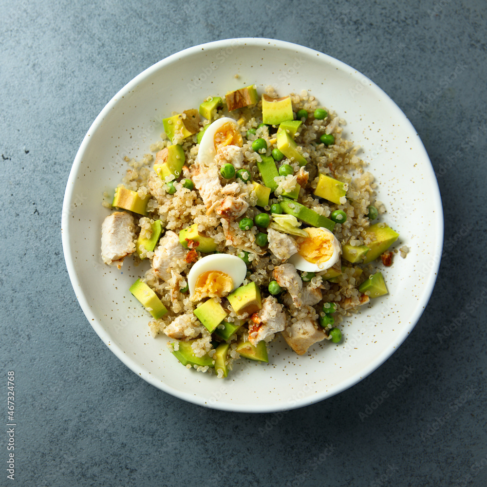 Healthy quinoa bowl with chicken, avocado and eggs Healthy quinoa bowl with chicken, avocado and eggs