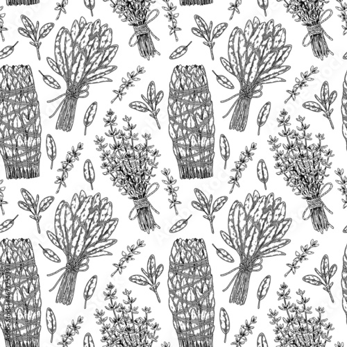 Hand drawn seamless pattern with herbal bunches. Vector illustration in sketch style