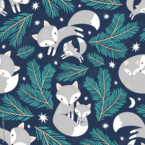 Seamless vector pattern with cute hand drawn polar foxes, pine tree branches, stars and moon on dark blue background. Perfect for textile, wallpaper or print design.