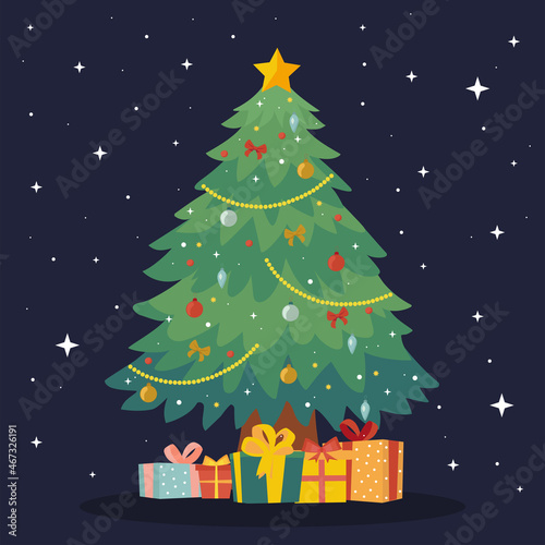 Decorated Christmas tree with gift boxes  a star  lights  decoration balls and lamps. Merry Christmas and happy New Year. Vector illustration.