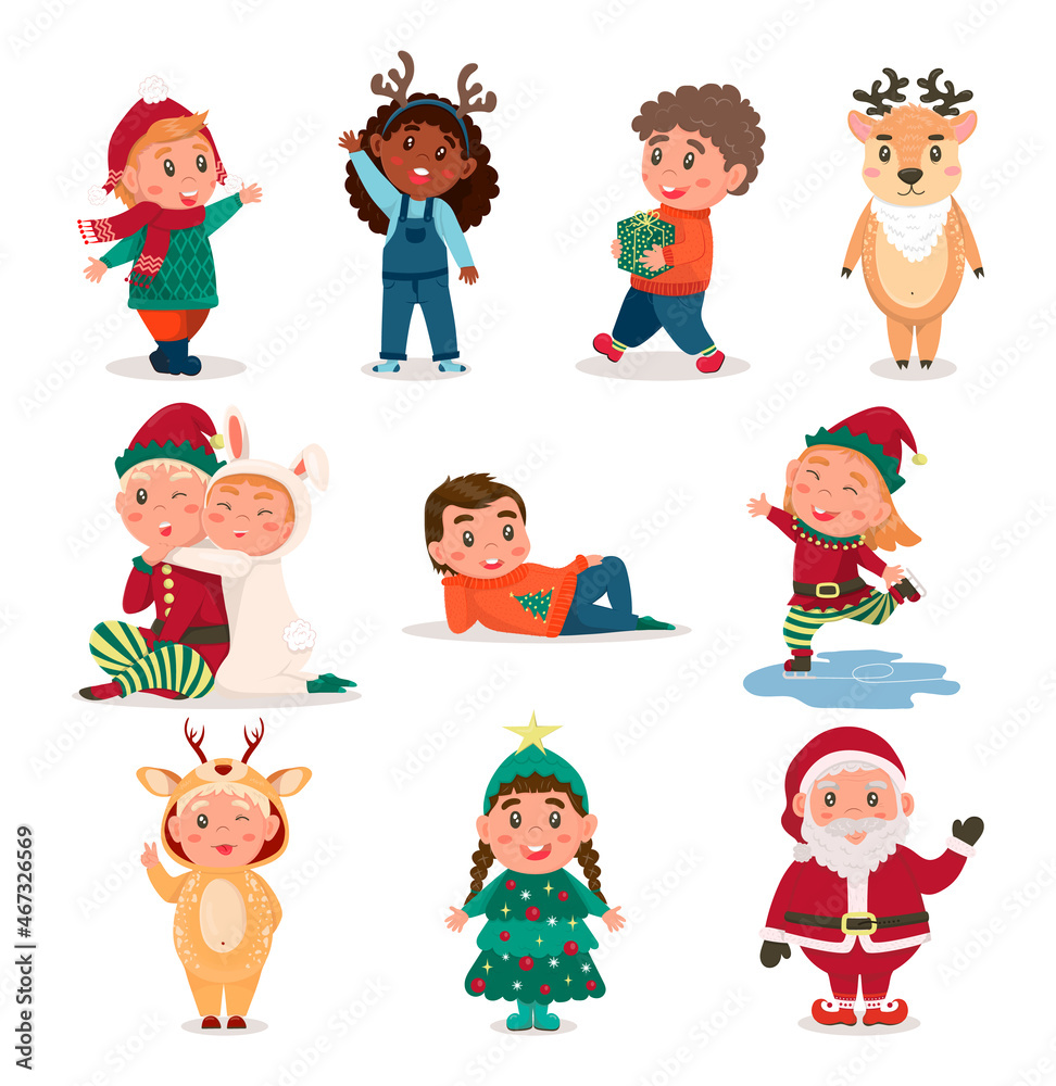 set of Christmas characters. Children in Christmas costumes. Winter vacation. Boy with a gift, Girl skating, Waving her hand, Hugging, Rejoicing, deer, boy in kigurumi. dynamic characters