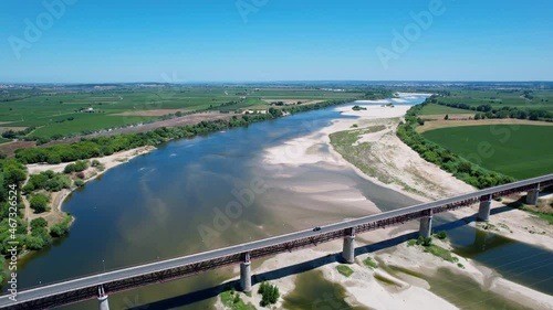 Aerial drone view over the Ponte Dom Luís I bridge, in Sunny Santarem, Portugal