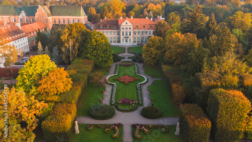 View from the drone on the Abbots' Palace in Gdańsk Oliwa. Beautiful autumn. photo