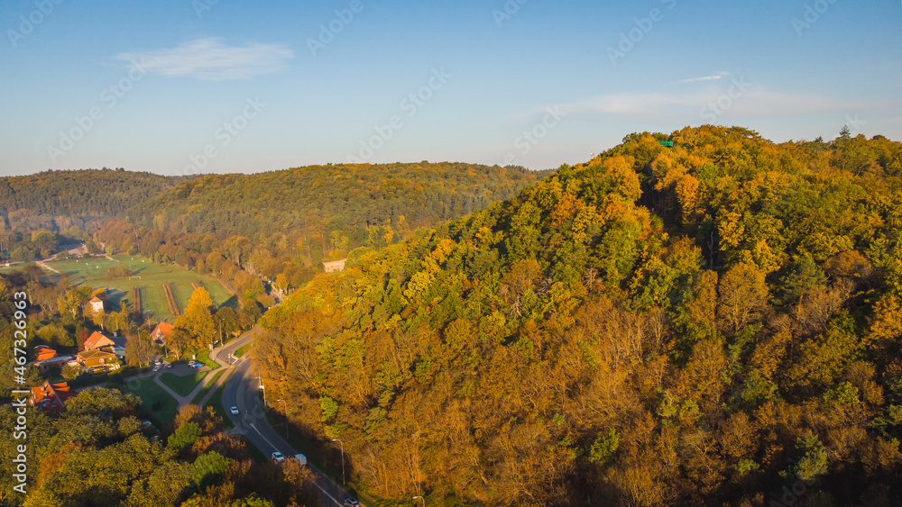 View of the Pachołek hill in Gdańsk Oliwa. View from the drone, amazing autumn morning. - obrazy, fototapety, plakaty 