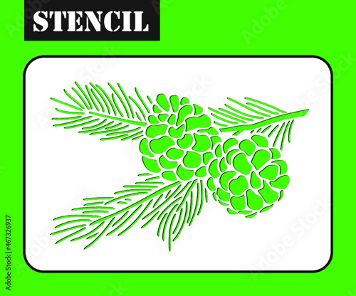 Stencil of coniferous branches and pine cones isolated. Christmas tree branches silhouette. Spruce decor element. Nature illustration. Laser cutting template. Die cut pattern for decorative panel. 