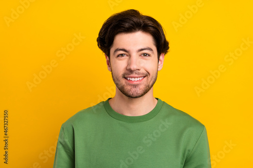 Photo of young happy cheerful positive man good mood smile bristle isolated on shine yellow color background © deagreez