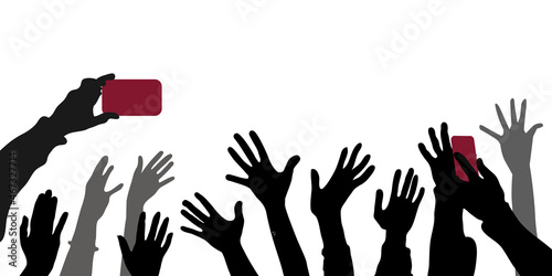 Vector black and gray silhouettes of people hands with palms isolated on white background. Hands with cell phones, jubilation, celebration, at a concert.